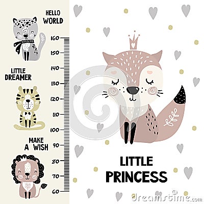 Kids height chart. Cute and funny doodle animals.Growth chart in scandinavian style. Poster template childish print Vector Illustration