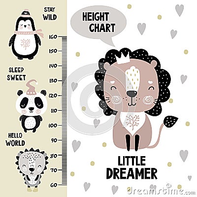 Kids height chart. Cute and funny doodle animals.Growth chart in scandinavian style Vector Illustration