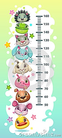 Kids height chart template with funny cartoon round animals. Vector Illustration