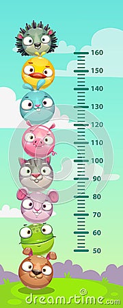 Kids height chart. Wall metter with funny cartoon round animals. Vector Illustration