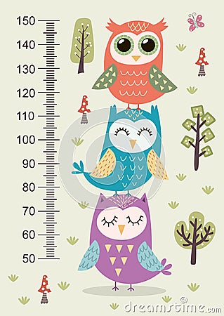 Kids height meter with cute owls Vector Illustration