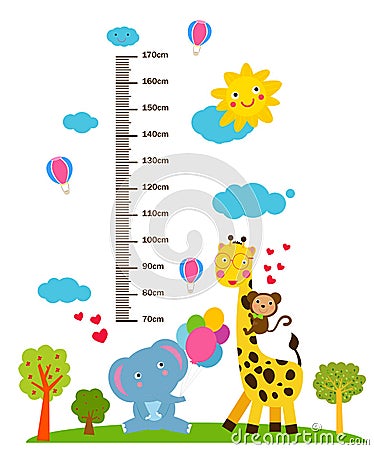Kids height scale with funny animals Vector Illustration