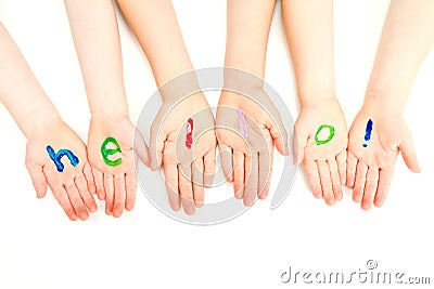 Kids hello welcome painted on hands Stock Photo
