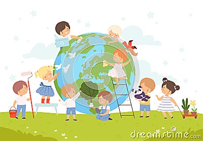 Kids Help Save the World, Children Volunteers Cleaning up Wastes and Plant Trees on the Earth, Nature and Ecology Vector Illustration