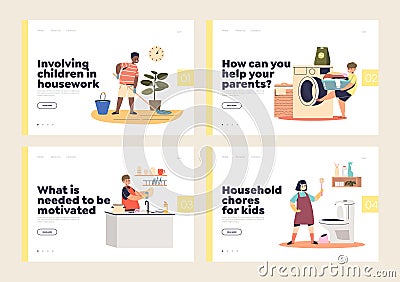 Kids helping parents with household chores concept of template landing pages set Vector Illustration