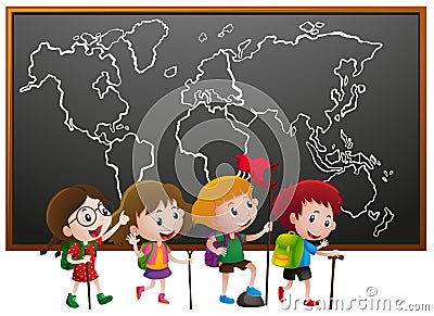 Kids with hiking stick and worldmap on board Vector Illustration