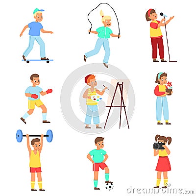 Kids hobbies. Boys and girls with objects of favorite activities, sports and creativity, children interests, teenagers Vector Illustration