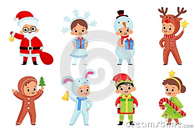 Kids hold christmas gifts. Smiling boys and girls in new year holiday costumes with different presents and xmas elements Vector Illustration