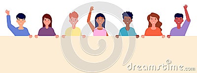 Kids hold empty banner. Fun children, diverse people with frame. School boy girl placard, isolated cartoon child with Vector Illustration