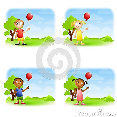 Kids Holding Balloons Cartoon Illustration