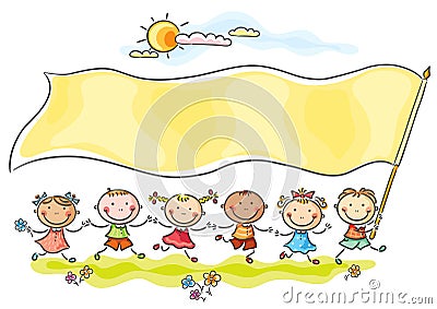 Kids holding a big flag Vector Illustration