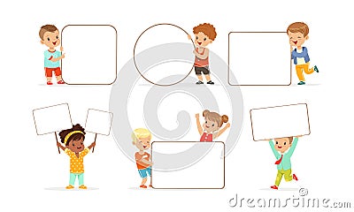 Kids Holding Blank Banners Collection, Adorable Boys and Girls with Empty White Posters Vector Illustration Vector Illustration