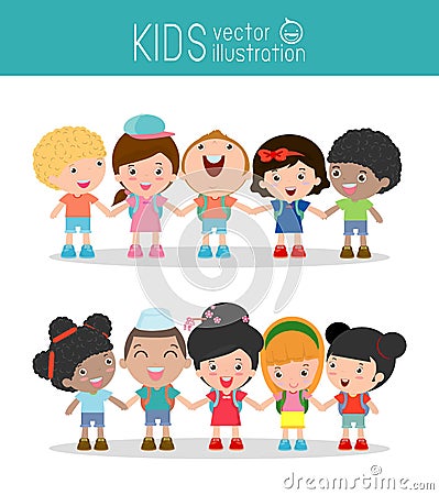 Kids holding hands on white background , Multi-ethnic children holding hands, Many happy children holding hands , Vector Illustrat Vector Illustration