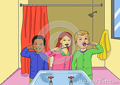 Kids holding toothbrush in bathroom illustration Cartoon Illustration