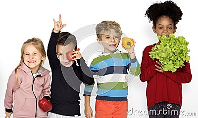 Kids Holding Vegetable Healthy Food Stock Photo