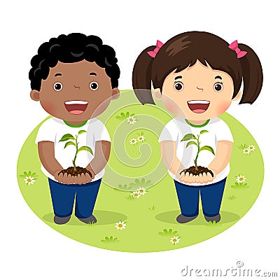 Kids holding young plant Vector Illustration