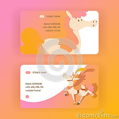 Kids horse vector business-card cartoon pony horsed character with horn illustration horsy backdrop set of fantasy child Vector Illustration