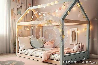 Kids' House Floor Bed Frame Adorned with Fairy Lights and Soft Pastels. Generative AI Stock Photo