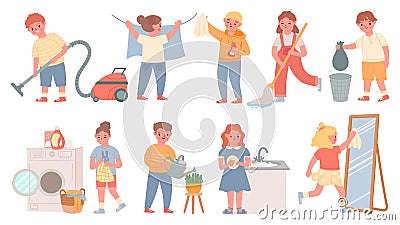 Kids housework. Children doing chores, cleaning, wash dishes, laundry, mopping floor and vacuum. Boys and girls help clean home Vector Illustration