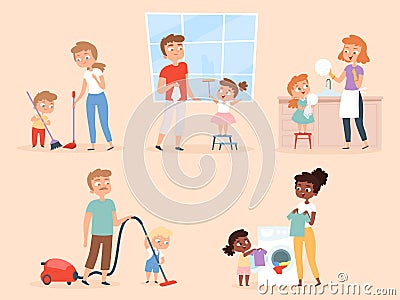 Kids housework. Children helping parents cleaning and washing room vector characters Vector Illustration