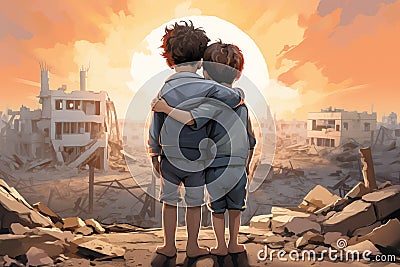 Kids hugging, city destruction on background. Peace after Conflict between Israel and the Palestinian AI Generated Cartoon Illustration