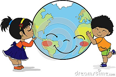 Kids hugging and kissing smiling planet Earth Vector Illustration