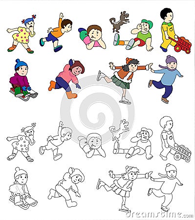 Happy kids laughing and jumping with joy, no gradients, isolated, both colored and black and white Vector Illustration