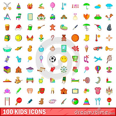 100 kids icons set, cartoon style Vector Illustration