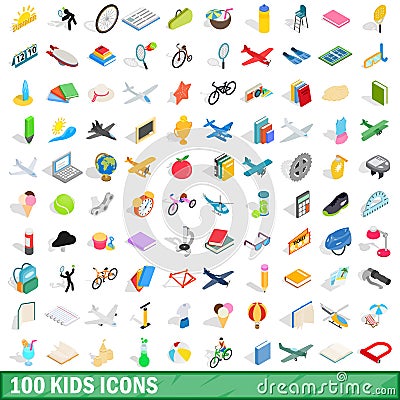 100 kids icons set, isometric 3d style Vector Illustration