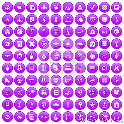 100 kids icons set purple Vector Illustration