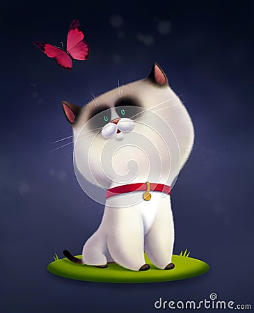 Kids illustration of Siamese cat siting on the grass and looking up at flying pink butterfly Cartoon Illustration