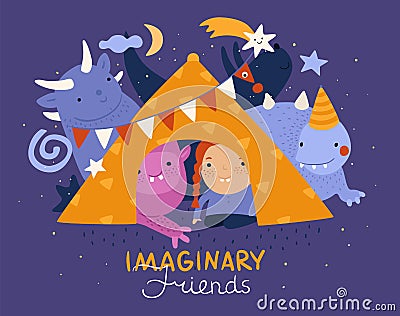 Kids with imaginary friends. Girl in children tent and cute happy monsters. Fabulous creatures. Fantasies and play in Vector Illustration