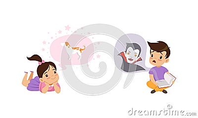 Kids Imagination Concept, Little Boy Reading Scary Book, Girl Dreaming of Dog Cartoon Style Vector Illustration Vector Illustration