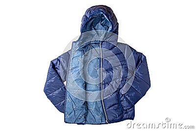 Kids jacket isolated. A stylish cosy warm blue down jacket for kids isolated on a white background. Sporty childrens fashion for Stock Photo