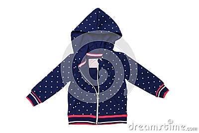 Kids jacket isolated. A stylish fashionable dark blue jacket with white dots and blue lining for the little girl. A sport jacket Stock Photo