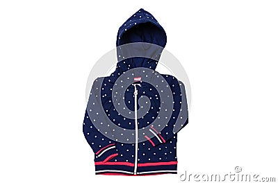 Kids jacket isolated. A stylish fashionable dark blue jacket with white dots and blue lining for the little girl. A sport jacket Stock Photo