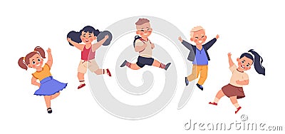 Kids jump. Cartoon happy cute preschool children characters smiling laughing and jumping, little school kids friendship Cartoon Illustration