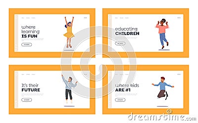 Kids Jump Landing Page Template Set. Happy Toddlers Stand in Row Dancing and Jumping. Little Children Rejoice on Summer Vector Illustration