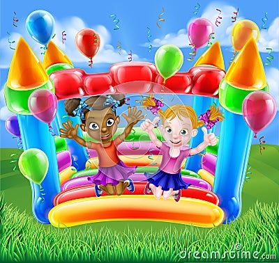 Kids Jumping on Bouncy Castle Vector Illustration