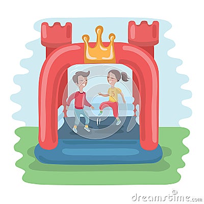 Kids jumping in colorful small air bouncer inflatable trampoline castle on the meadow Vector Illustration