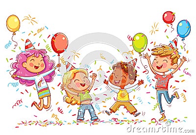 Kids jumping and dancing at birthday party Vector Illustration