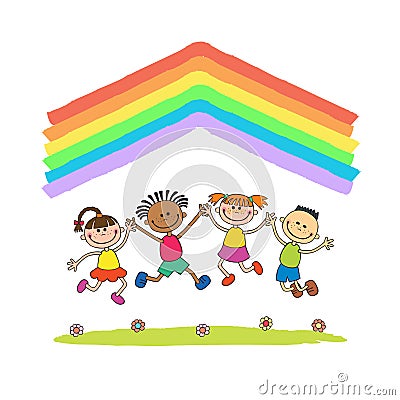 Kids jumping with joy on a hill under rainbow, colorful cartoon Vector Illustration