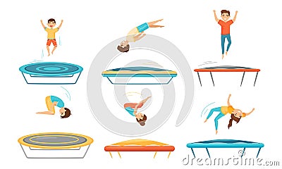 Kids Jumping on Trampoline Vector Illustrations Set. Sportive Kids Exercise and Entertainment Vector Illustration