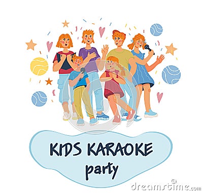 Kids karaoke party banner or poster template with singing children Cartoon Illustration