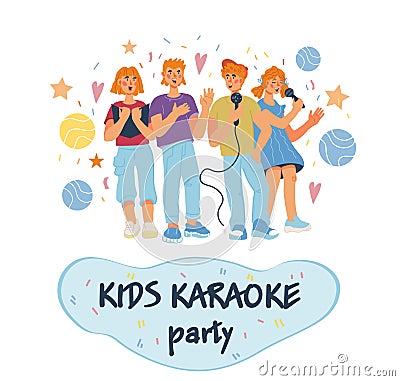 Kids karaoke party banner or poster template with singing children Cartoon Illustration