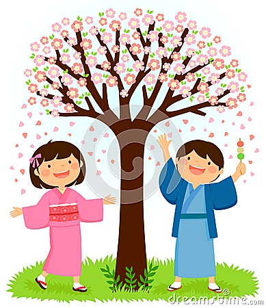 Kids in kimonos standing under a sakura tree Vector Illustration