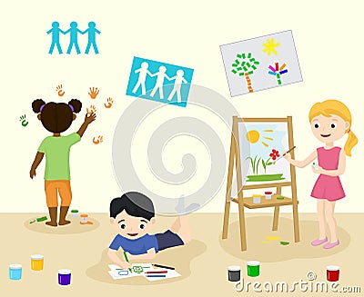 Kids in kindergarden draw and paint in art class vector illustration. Pre-school children painting and drawing pictures Vector Illustration