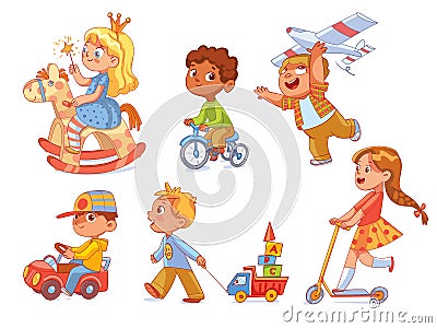 Kids in kindergarten play with toys Vector Illustration