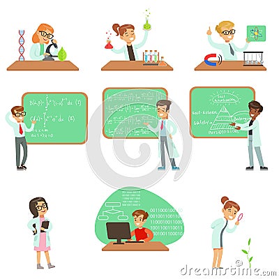 Kids In Lab Coats Doing Science Research Dreaming Of Becoming Professional Scientists In The Future Set Of Cartoon Vector Illustration