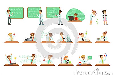 Kids In Lab Coats Doing Science Research Dreaming Of Becoming Professional Scientists In The Future Set Of Cartoon Vector Illustration